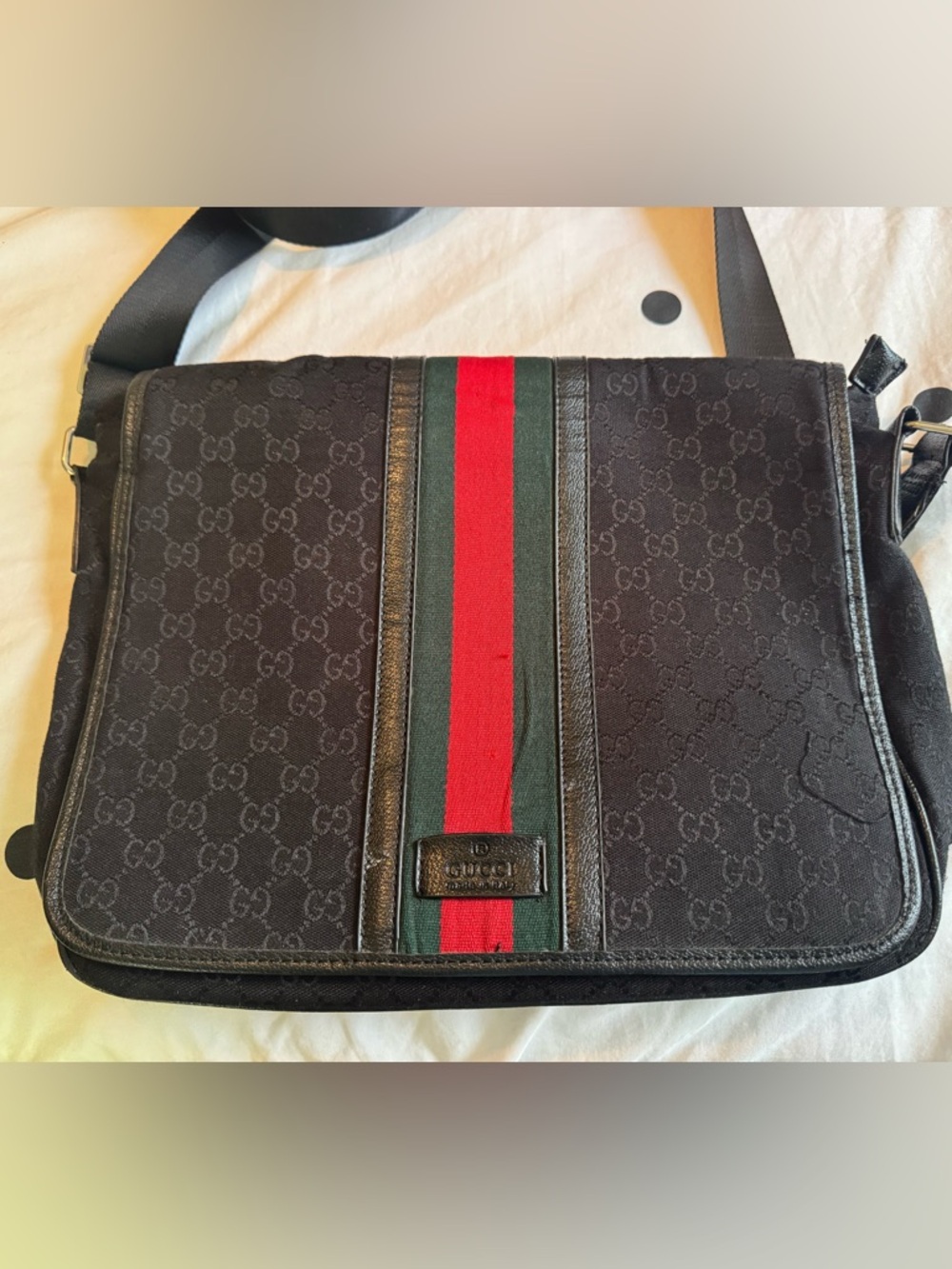 Gucci Black Messenger Bag with Red & Green Web Stripe